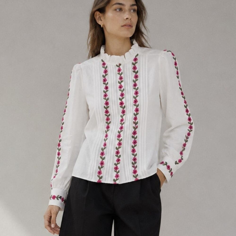 Sézane Maggie Linen Floral Long Sleeve Blouse Shirt Women 38/M White Embroidered